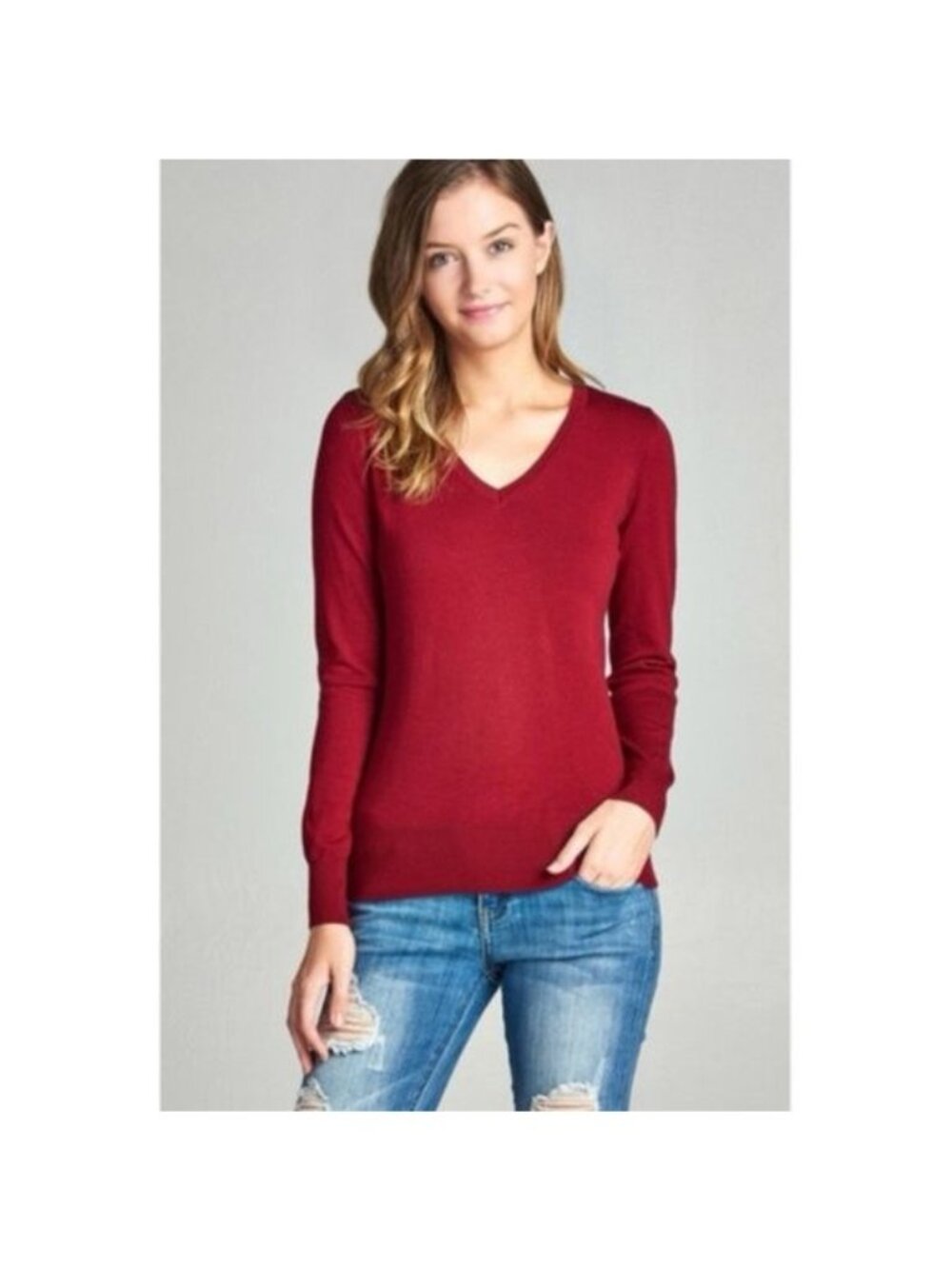 Active USA Burgundy V-Neck Long-Sleeve Sweater